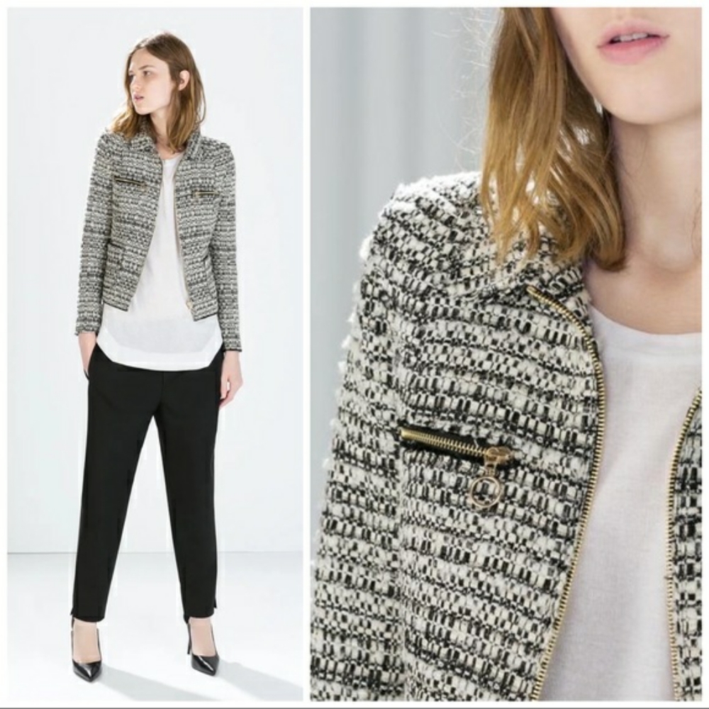 Zara Zipped Tweed Jacket with Metallic Thread